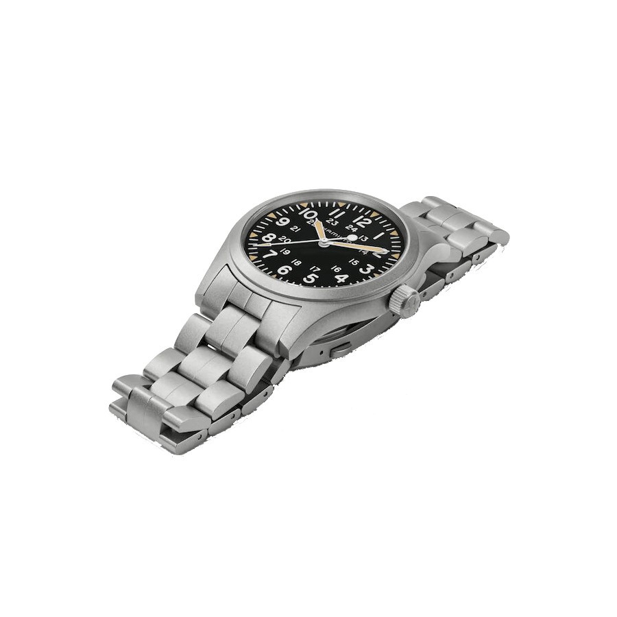 Montre Hamilton Khaki Field mécanique à remontage manuel cadran noir bracelet acier 42 mm H69529133