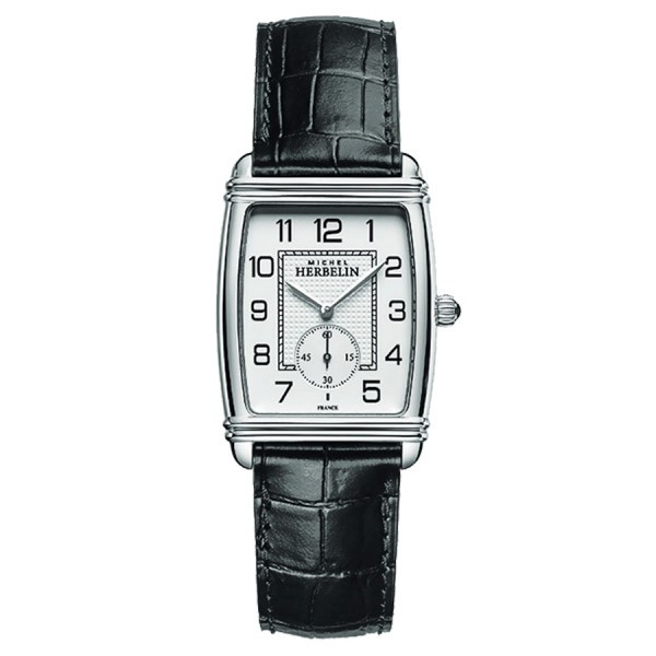 Michel Herbelin Art Deco quartz watch silver dial Arabic numerals black leather strap 30 x 35,5 mm 10638/22