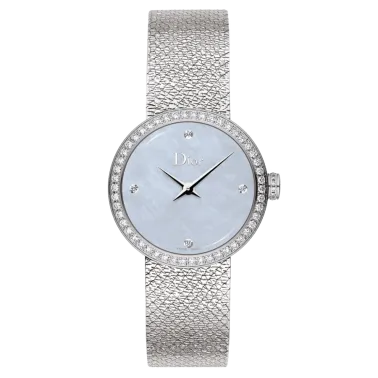 Montre D de Dior Satine quartz cadran nacre bleue lunette sertie 25 mm CD047111M004