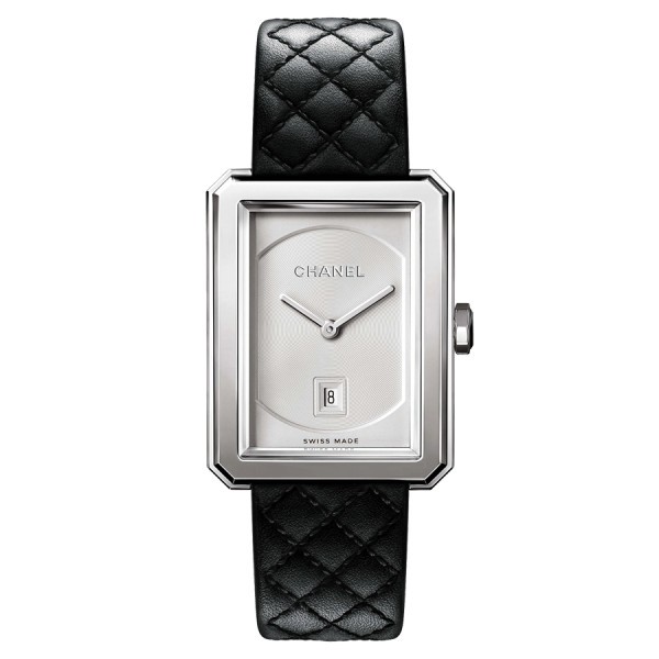 Montre CHANEL BOY∙FRIEND Moyen modèle cadran blanc bracelet cuir noir 34,6 x 26,7 mm H6954