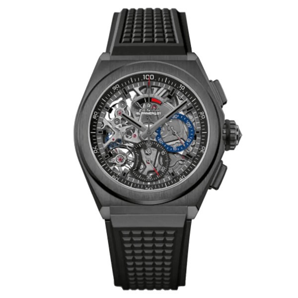 Zenith Defy El Primero 21 Ceramic watch skeletonized dial black rubber strap 44 mm 49.9000.9004/78.R782