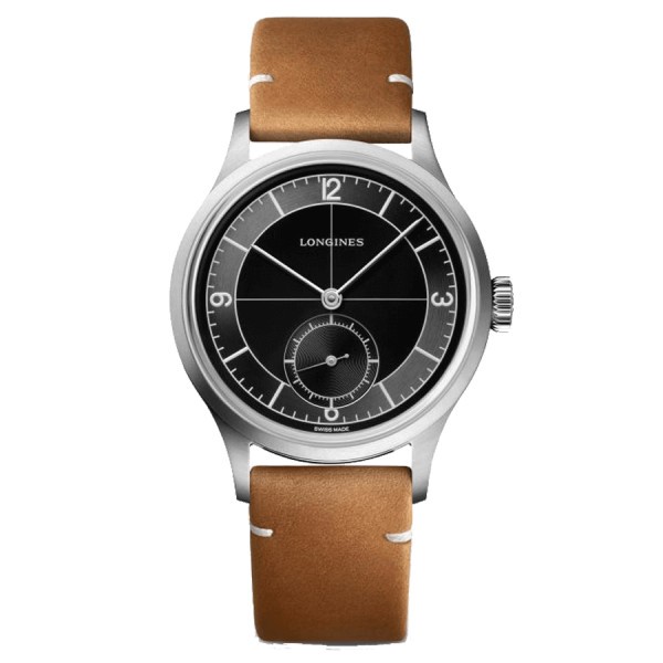 Montre Longines Heritage Classic automatique cadran noir bracelet cuir brun 38,5 mm L2.828.4.53.2