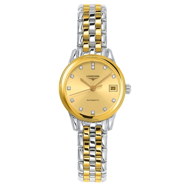 Montre Longines Flagship automatique cadran doré index diamants bracelet acier bicolore 26 mm - SOLDAT PL