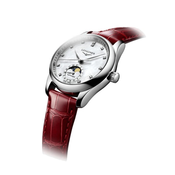 Montre Longines Master Collection automatique cadran nacre blanche bracelet cuir croco rouge 34 mm L2.409.4.87.2