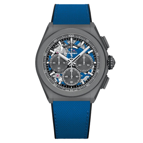 Montre Zenith Defy El Primero 21 Ultrablue chronographe titane cadran squelette bracelet caoutchouc bleu 44 mm 97.9001.9004/81.R