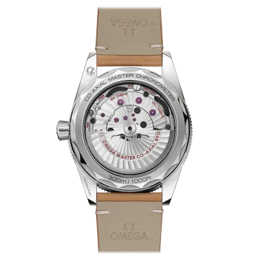 Omega Seamaster 300 automatic Co-Axial watch blue dial beige leather strap 41 mm 234.32.41.21.03.001