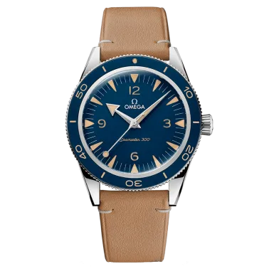 Omega Seamaster 300 automatic Co-Axial watch blue dial beige leather strap 41 mm 234.32.41.21.03.001