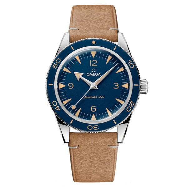 Montre Omega Seamaster 300 automatique Co-Axial cadran bleu bracelet cuir beige 41 mm 234.32.41.21.03.001