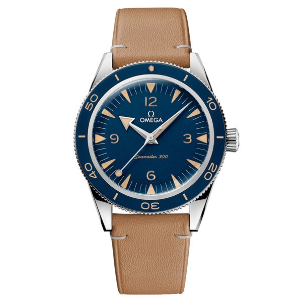 Omega Seamaster 300 automatic Co-Axial watch blue dial beige leather strap 41 mm 234.32.41.21.03.001