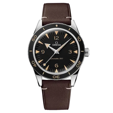 Omega Seamaster 300 automatic Co-Axial watch black dial brown leather strap 41 mm 234.32.41.21.01.001