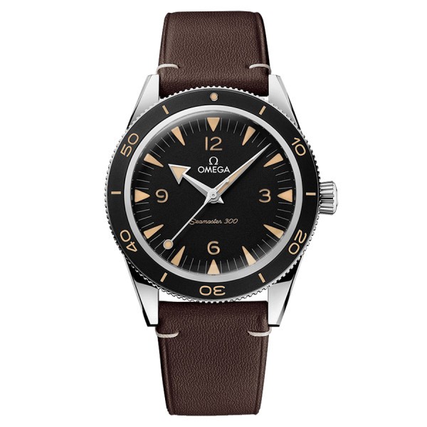 Omega Seamaster 300 automatic Co-Axial watch black dial brown leather strap 41 mm 234.32.41.21.01.001