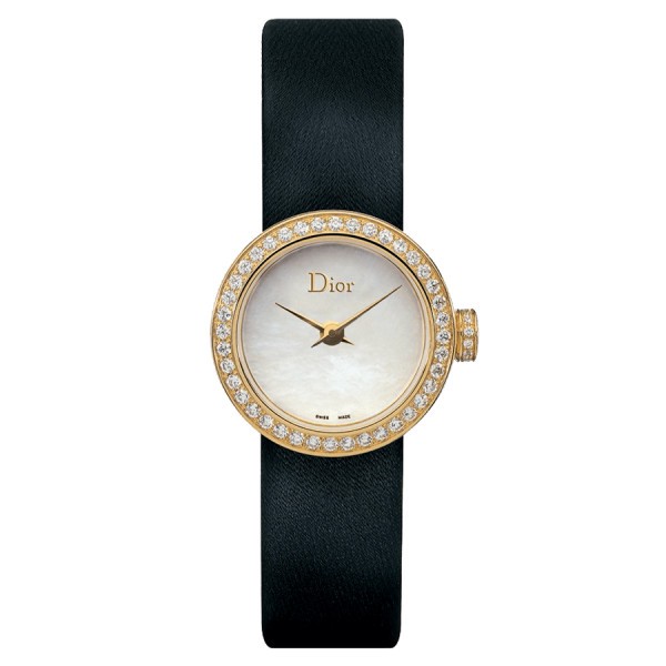 Mini D de Dior quartz watch mother-of-pearl dial bezel set with black satin strap 19 mm CD040150A001