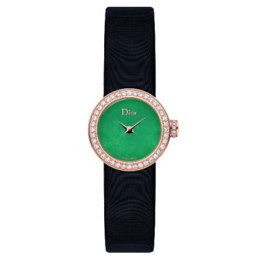 Montre Mini D de Dior quartz cadran vert lunette sertie bracelet satin noir 19 mm CD040170A003