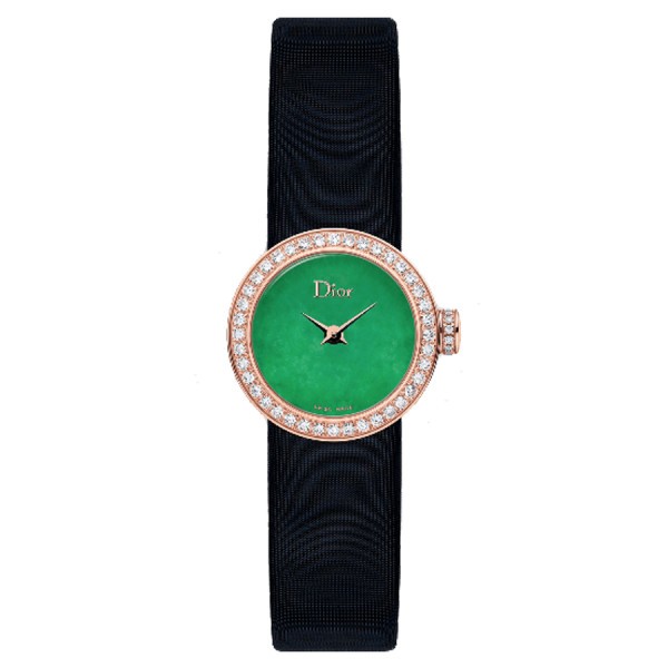 Montre Mini D de Dior quartz cadran vert lunette sertie bracelet satin noir 19 mm CD040170A003