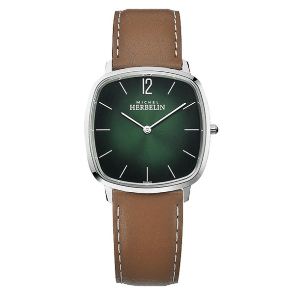 Michel Herbelin City quartz watch green dial brown leather bracelet 36 mm 16905/16GO