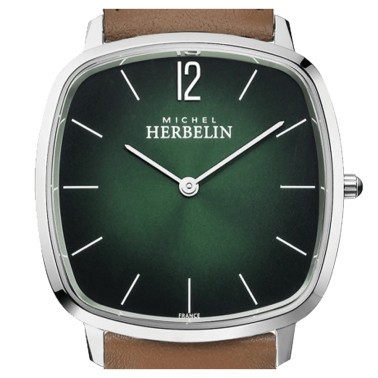 Michel Herbelin City quartz watch green dial brown leather bracelet 36 mm 16905/16GO