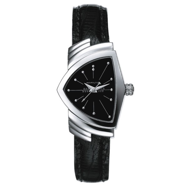 Montre Hamilton Ventura cadran noir bracelet cuir de veau grainé façon lézard noir - SOLDAT PL