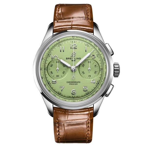 Montre Breitling Premier B09 Automatique Chronograph 40 cadran vert bracelet cuir croco brun 40 mm