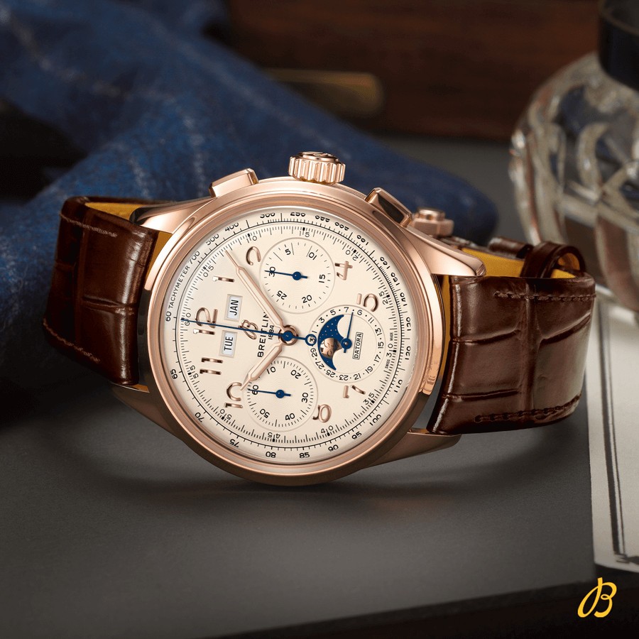 Montre Breitling Premier B25 Automatique Datora 42 Or rouge cadran argent bracelet cuir croco brun 42 mm