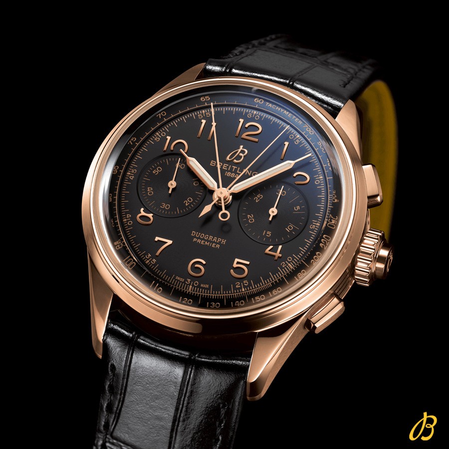 Montre Breitling Premier B15 Automatique Duograph 42 Or rouge cadran noir bracelet cuir croco noir 40 mm RB1510251B1P1