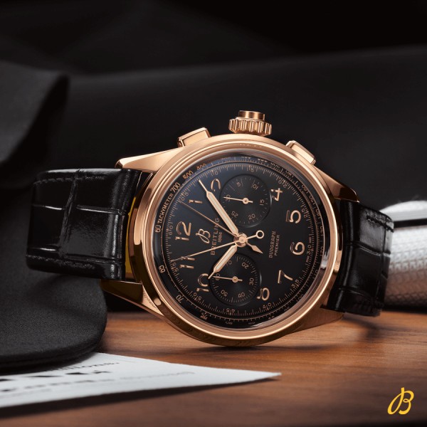 Montre Breitling Premier B15 Automatique Duograph 42 Or rouge cadran noir bracelet cuir croco noir 40 mm RB1510251B1P1