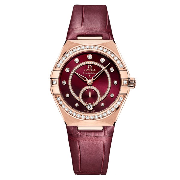 Omega Constellation Master Chronometer Petite Seconde Gold Sedna and Diamonds watch red dial red leather strap 34 mm 131.58.34.2