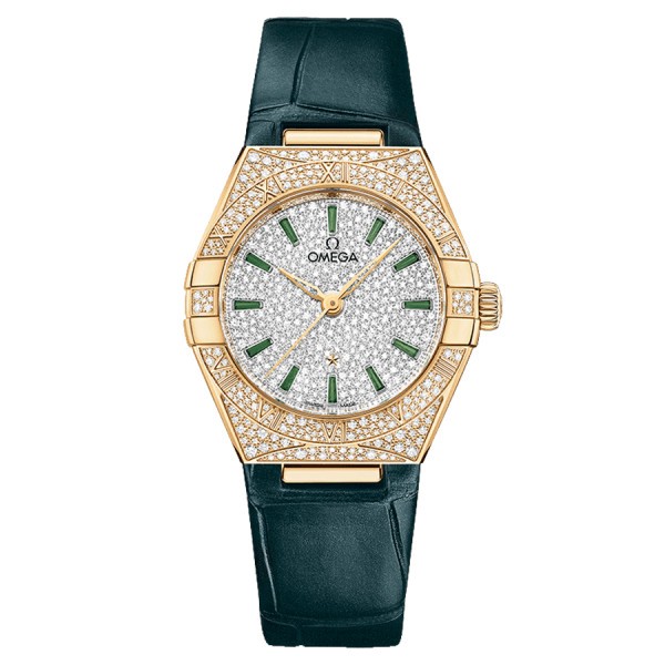 Omega Constellation Master Chronometer Petite Seconde Gold Sedna and Diamonds watch white dial green leather strap 29 mm 131.58.