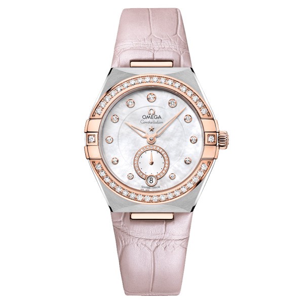 Omega Constellation Master Chronometer Petite Seconde Gold Sedna and Diamonds automatic watch white dial pink leather strap 34 1