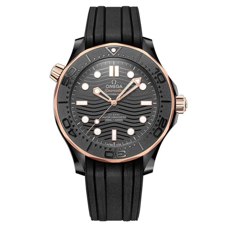 Omega Seamaster Diver 300 Co-Axial Master Chronometer Ceramic and Gold Sedna watch black dial black rubber strap 43,5 mm 210.62.