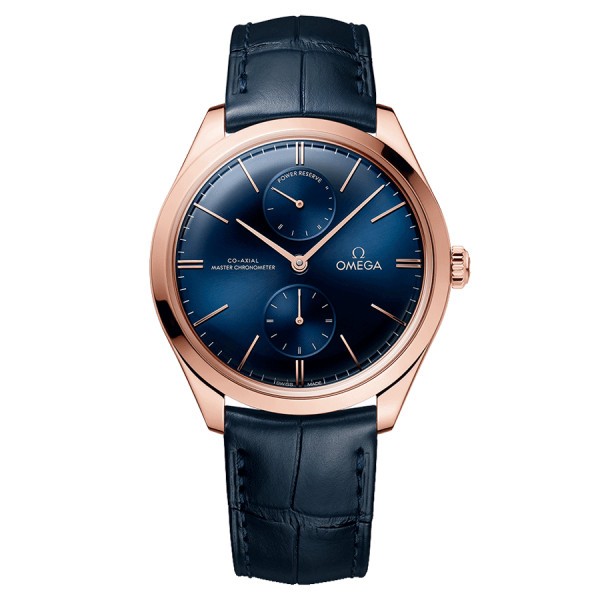 Omega De Ville Trésor Co-Axial Master Chronometer Power Reserve Watch Gold Sedna blue dial blue leather strap 40 mm 435.53.40.22