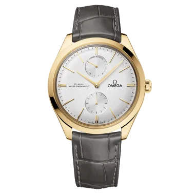 Montre Omega De Ville Trésor Co-Axial Master Chronometer Réserve de Marche Or jaune cadran argent bracelet cuir gris 40 mm 435.5
