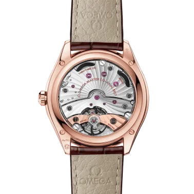 Montre Omega De Ville Trésor Co-Axial Master Chronometer Petite Seconde Or Sedna automatique cadran rouge bracelet cuir bordeaux