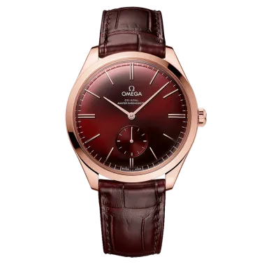 Montre Omega De Ville Trésor Co-Axial Master Chronometer Petite Seconde Or Sedna automatique cadran rouge bracelet cuir bordeaux