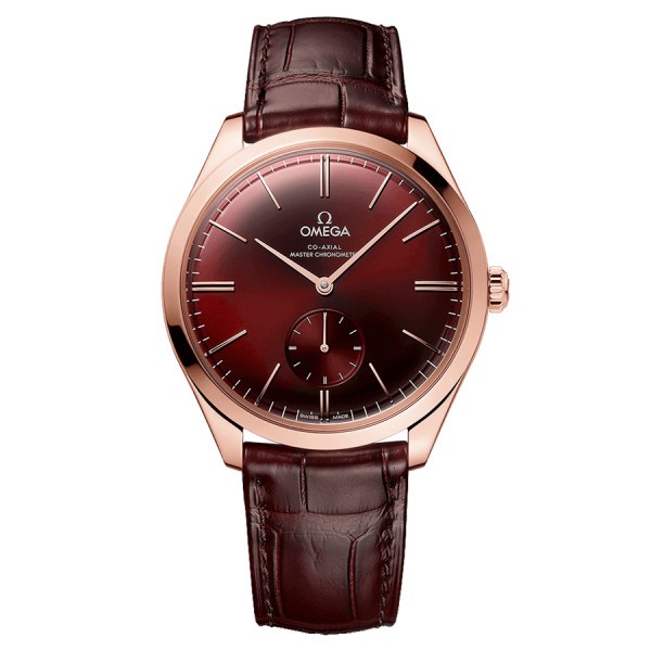 Montre Omega De Ville Trésor Co-Axial Master Chronometer Petite Seconde Or Sedna automatique cadran rouge bracelet cuir bordeaux