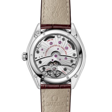 Montre Omega De Ville Trésor Co-Axial Master Chronometer Réserve de Marche lunette sertie cadran rouge bracelet cuir bordeaux 40