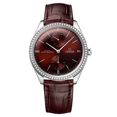 Montre Omega De Ville Trésor Co-Axial Master Chronometer Réserve de Marche lunette sertie cadran rouge bracelet cuir bordeaux 40