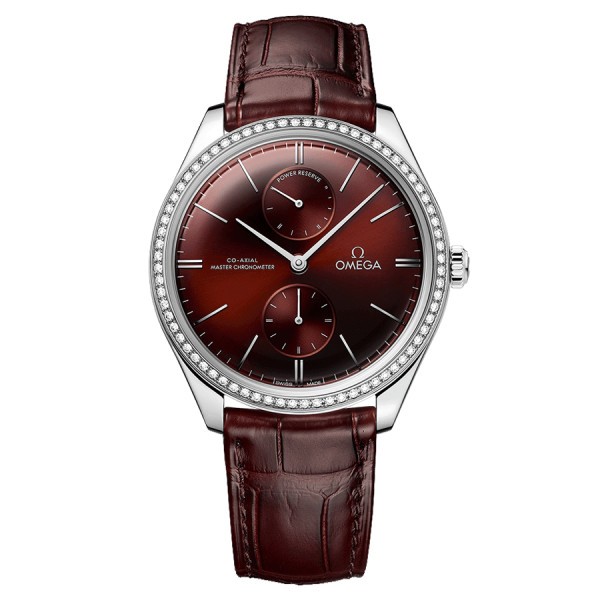 Montre Omega De Ville Trésor Co-Axial Master Chronometer Réserve de Marche lunette sertie cadran rouge bracelet cuir bordeaux 40