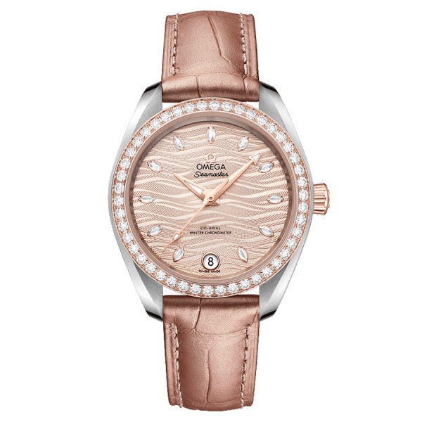 Omega Seamaster Aqua Terra 150M Co-Axial Master Chronometer Gold Sedna watch bezel set with nude dial pink leather strap 34 mm 2