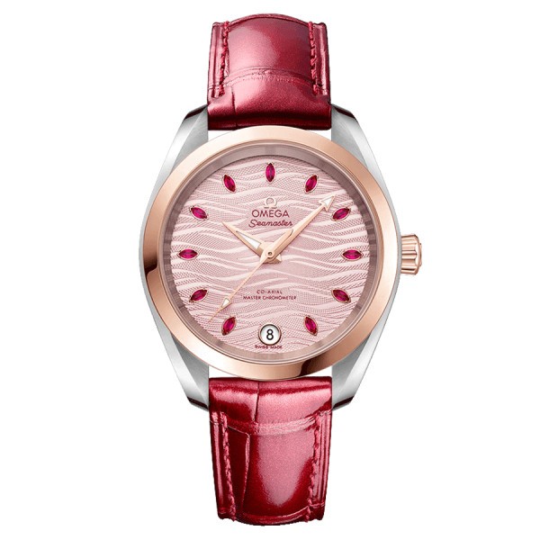 Omega Seamaster Aqua Terra 150M Co-Axial Master Chronometer Gold Sedna watch pink dial red leather strap 34 mm 220.23.34.20.60.0
