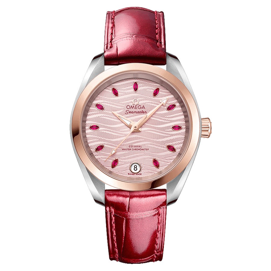 Montre Omega Seamaster Aqua Terra 150M Co-Axial Master Chronometer Or Sedna cadran rose bracelet cuir rouge 34 mm 220.23.34.20.6