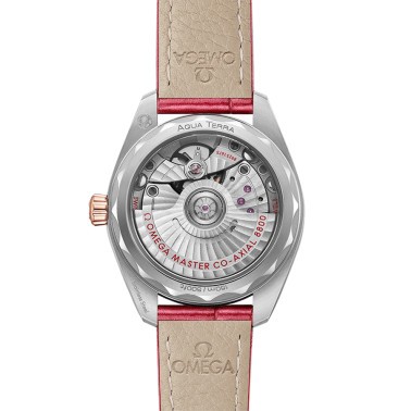 Omega Seamaster Aqua Terra 150M Co-Axial Master Chronometer Gold Sedna watch pink dial red leather strap 34 mm 220.23.34.20.60.0