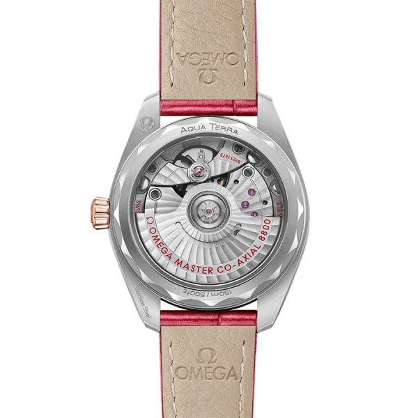 Montre Omega Seamaster Aqua Terra 150M Co-Axial Master Chronometer Or Sedna cadran rose bracelet cuir rouge 34 mm 220.23.34.20.6