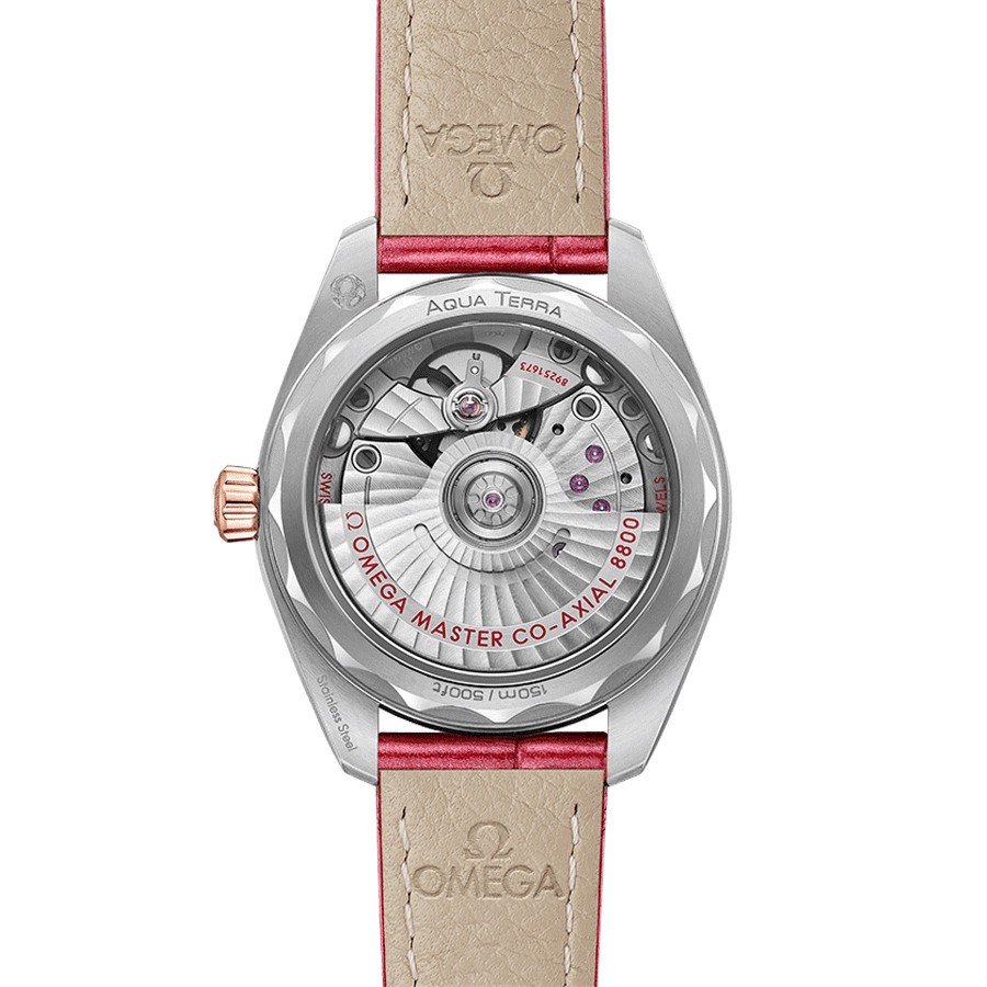 Montre Omega Seamaster Aqua Terra 150M Co-Axial Master Chronometer Or Sedna cadran rose bracelet cuir rouge 34 mm 220.23.34.20.6
