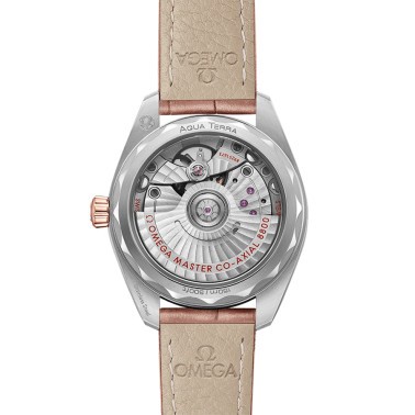 Montre Omega Seamaster Aqua Terra 150M Co-Axial Master Chronometer Or Sedna cadran nude bracelet cuir rose 34 mm 220.23.34.20.59