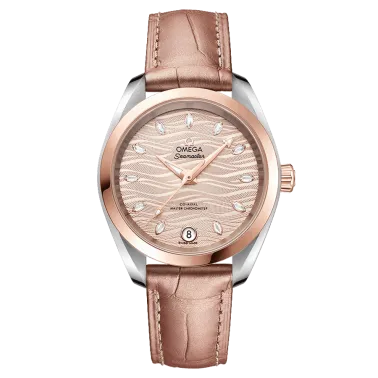 Omega Seamaster Aqua Terra 150M Co-Axial Master Chronometer Gold Sedna watch nude dial pink leather strap 34 mm 220.23.34.20.59.