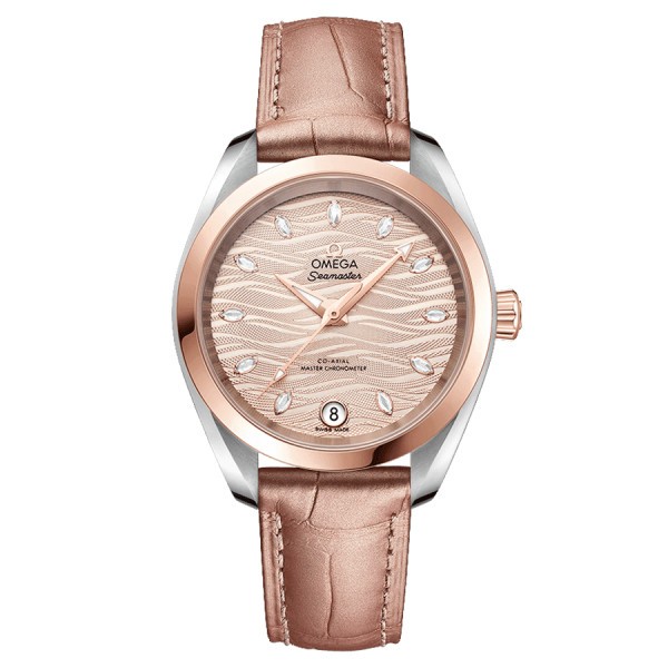 Omega Seamaster Aqua Terra 150M Co-Axial Master Chronometer Gold Sedna watch nude dial pink leather strap 34 mm 220.23.34.20.59.