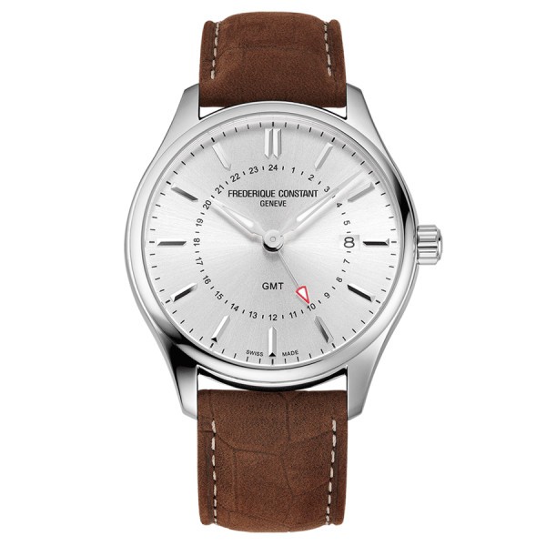 Frédérique Constant Classics Quartz GMT watch silver dial brown leather strap 40 mm FC-252SS5B6