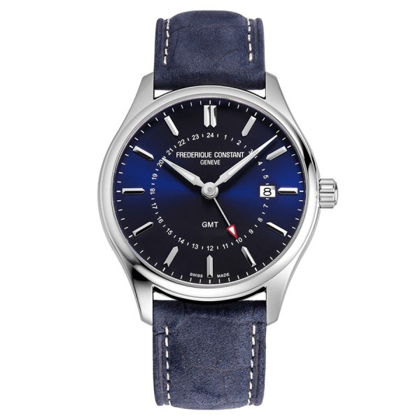 Frédérique Constant Classics Quartz GMT watch blue dial blue leather strap 40 mm FC-252NS5B6