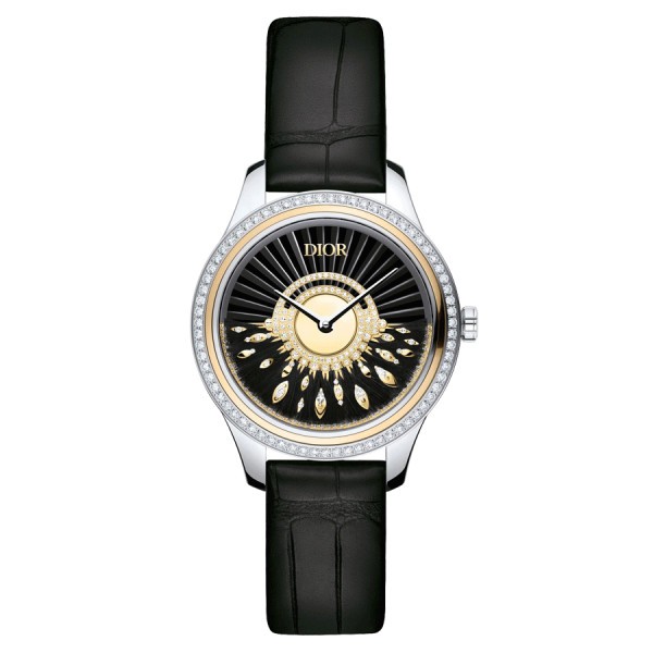 Montre Dior Grand Bal Plume Précieuse Ed. limitée 88 ex. Or jaune et diamants cadran noir bracelet cuir noir 36 mm CD153B2X1012