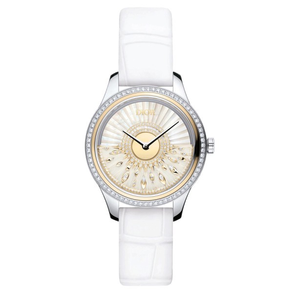 Montre Dior Grand Bal Plume Précieuse Ed. limitée 88 ex. Or jaune et diamants cadran blanc bracelet cuir blanc 36 mm CD153B2X101